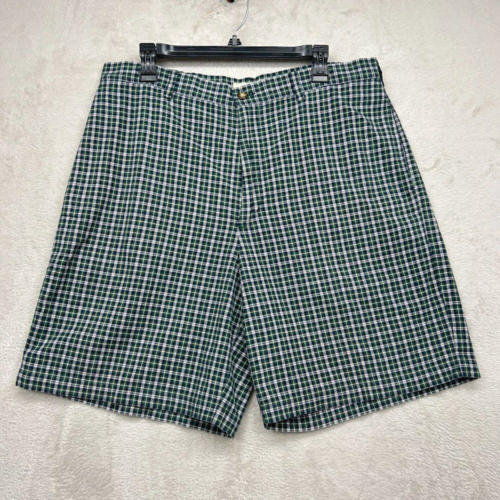 J. Crew Mens Blue Green Plaid Madras Cotton Flat Front Pockets Shorts Sz 35